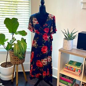 Forever 21 Navy Wrap Dress with Red Flowers